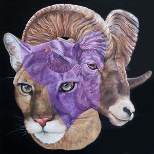 Acrylic painting of a mountain lion head facing to the left intersecting with a mountain sheep head facing to the right