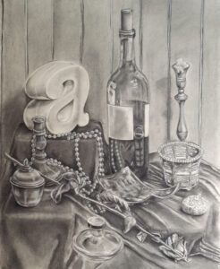 a charcoal still life drawing of objects that might be found on a woman's vanity