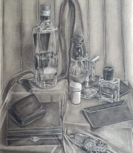 a charcoal still life drawing of objects that might be found on a man's dresser