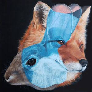 Acrylic painting of a rabbit head facing to the left intersecting with a fox head facing to the right