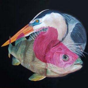 Acrylic painting of a heron head facing to the left intersecting with a fish facing to the right