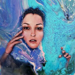 acrylic painting of a young woman's face and hands coming out of an abstract background