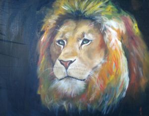 An oil painting of a lion's head in three fourths profile to the left