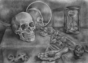 a charcoal still life drawing of a human skull, hour glass and three objects that represent different religions