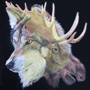 Acrylic painting of a wolf head facing to the left intersecting with a moose head facing to the right