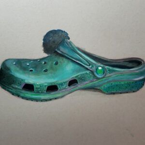 a gouache painting of a iridescent green Croc shoe