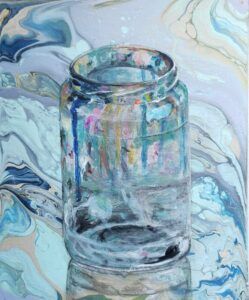 Acrylic painting of a glass jar that has paint around the rim on an abstract background