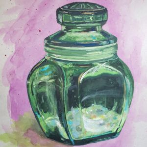gouache painting of a green glass container with a lid on a pink background